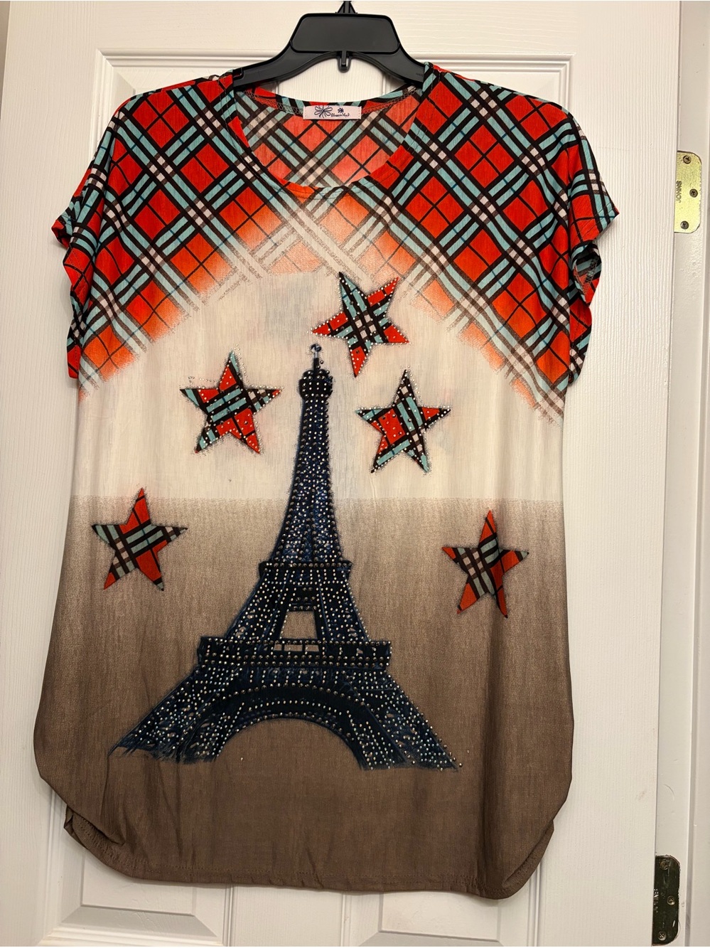 New: Eiffel Tower Rhinestone Plaid Star Tunic - Red, Blue, Cream, Brown